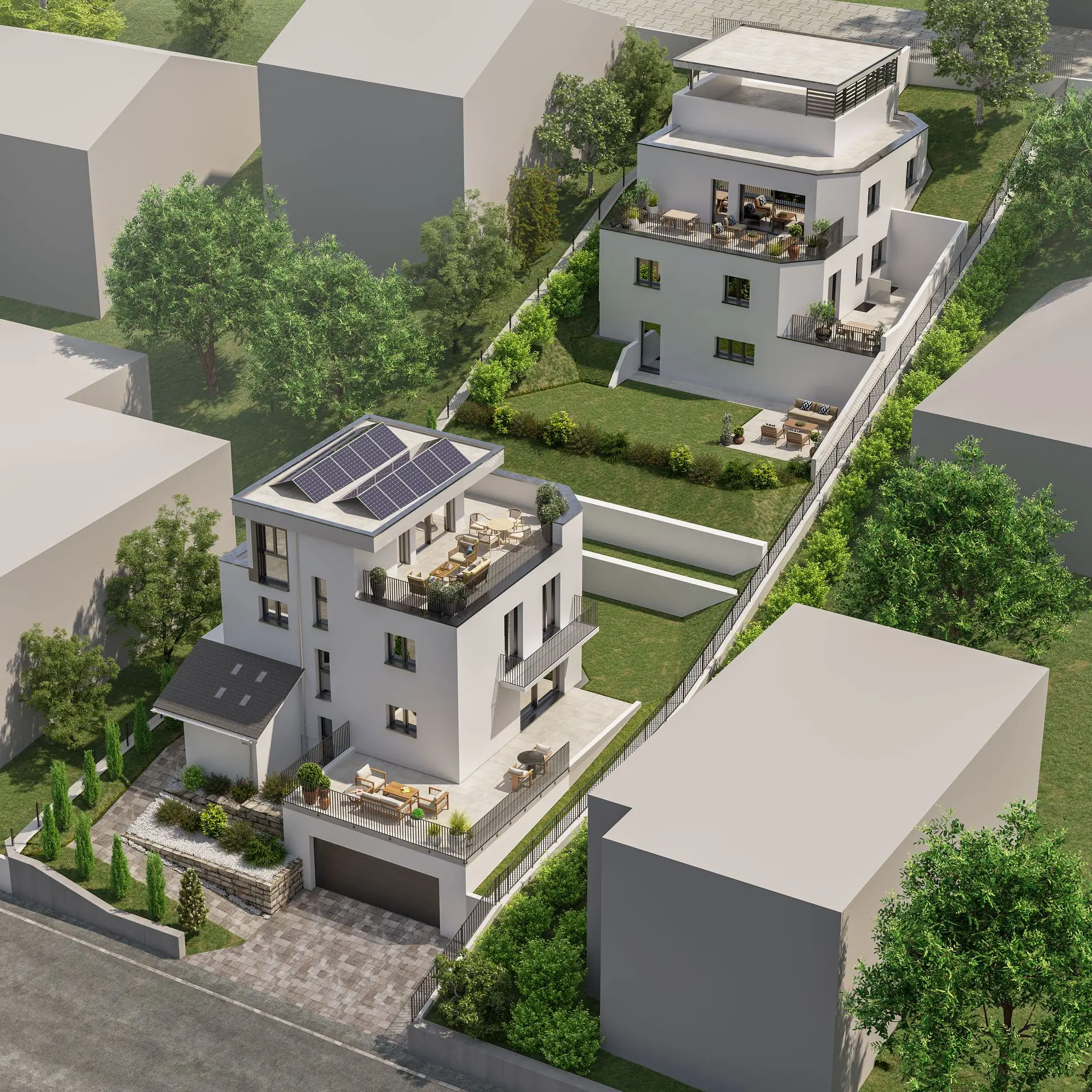 Aussenvisualisierung von zwei Wohnhäuser aus der Vogelperspektive mit Umgebung