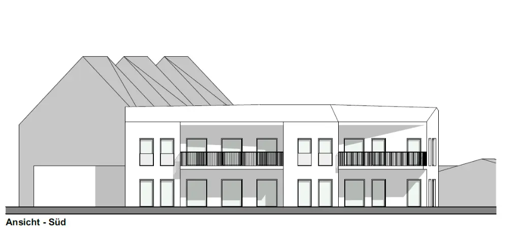 Südansicht eines Neubauprojekts – moderne Mehrfamilienhaus-Planung mit Balkonen Architektonische Südansicht eines Mehrfamilienhauses mit Balkonen