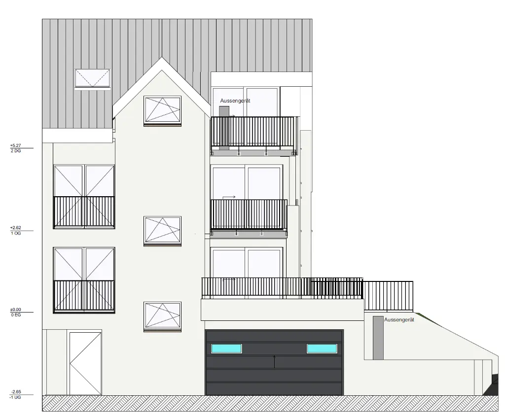 Hausansicht mit Tiefgaragenzufahrt und Balkonen – architektonische Seitenansicht für Bauplanung "Architektenansicht eines mehrgeschossigen Wohnhauses mit Tiefgarage und Balkonen