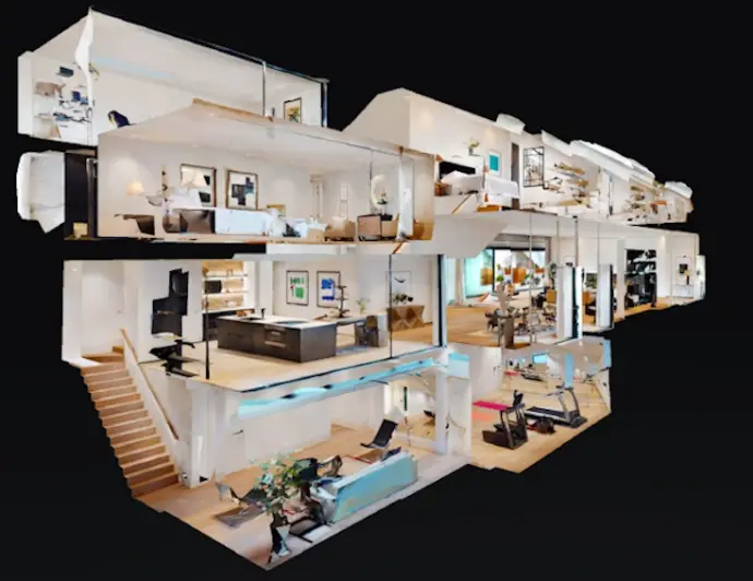Innenraumplanung als 3D-Modell – modernes Architekturdesign erleben 3D-Visualisierung eines Wohngebäudes mit Einrichtung in Explosionsdarstellung