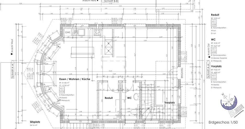 Baugrundriss mit technischen Details für Hausplanung Grundriss mit Raumaufteilung und Massangaben eines Wohnhauses