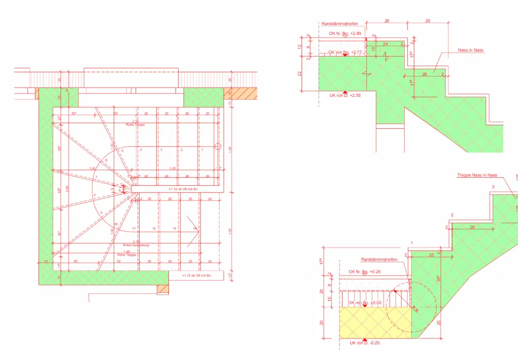 Treppenkonstruktion im Bauplan – Grundriss und Schnitt für statische Berechnung Technische Zeichnung einer Betontreppe mit Grundriss und Schnittdarstellung