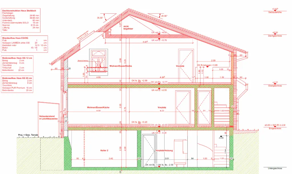 Architektonische Seitenansicht – Entwurfsplanung eines Hauses Seitenansicht eines Hauses mit Fenstern und Dachform
