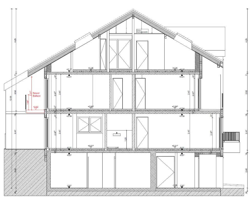 Hausquerschnitt – statische und bautechnische Visualisierung Schnittzeichnung eines Hauses mit Dach- und Wandaufbau