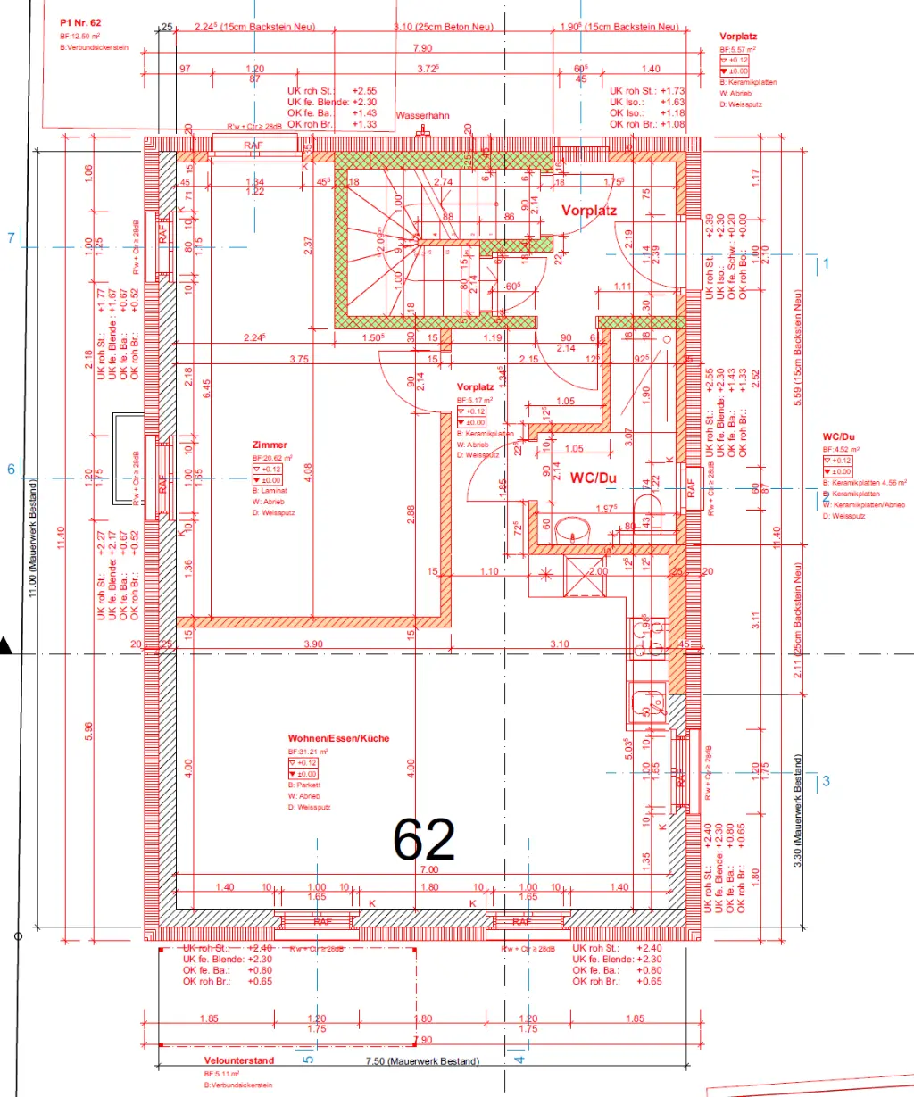 Fundament- und Bodenplattenplan für Bauingenieurwesen Statischer Fundamentplan mit Maßlinien und Tiefenangaben"