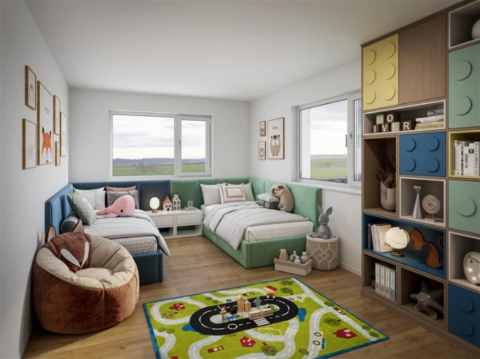 Innenvisualisierung Kinderzimmer mit zwei Betten, buntem Regal und Teppich