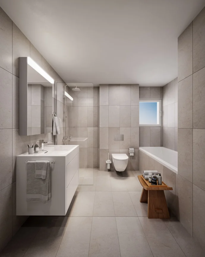 Fotorealistische Innenvisualisierung eines Badezimmers mit Badewanne, Waschbecken und grossformatigen Fliesen