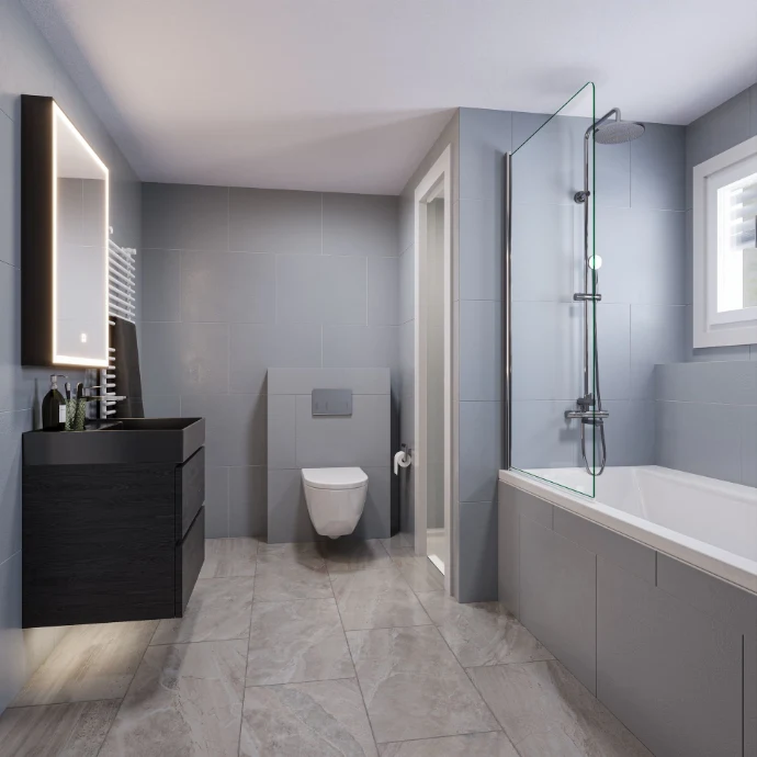 3D Visualisierung modernes Badezimmer mit Badewanne, Glasduschwand und dunklem Waschtisch