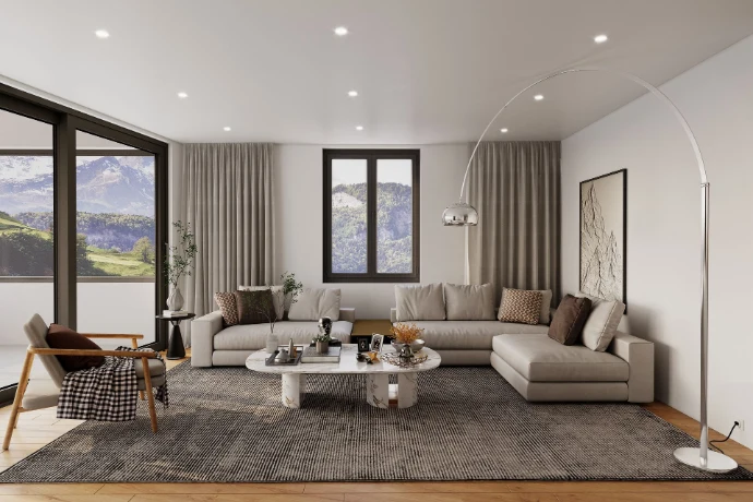 3D Visualisierung eines Wohnbereichs mit grossem Sofa, Couchtisch und Blick auf die Alpen