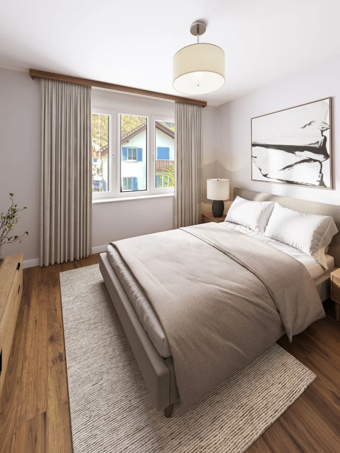 3D Visualisierung elegantes Schlafzimmer mit Doppelbett, Holzdetails und Tageslicht