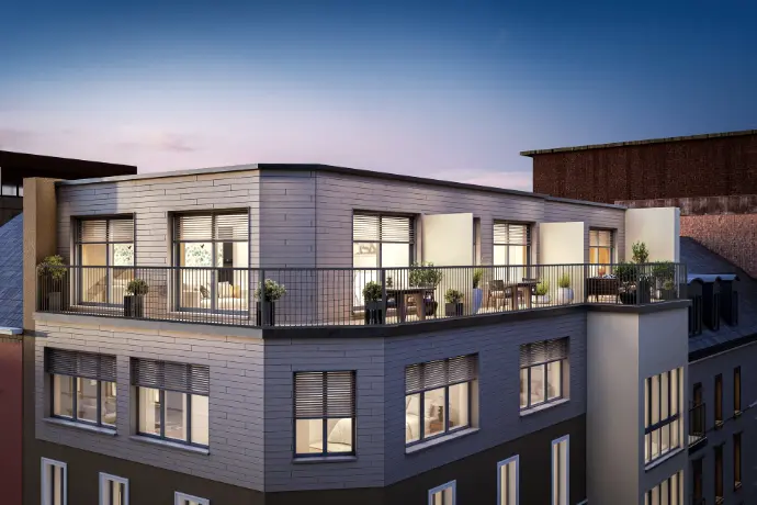 3D-Rendering eines Mehrfamilienhauses mit Dachterrasse