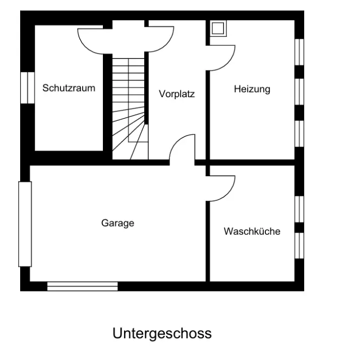 2D Grundrissvisualisierung Untergeschoss mit Garage und Technikraum 2D Grundriss Untergeschoss mit Garage, Schutzraum, Heizung und Waschküche für Immobilienplanung