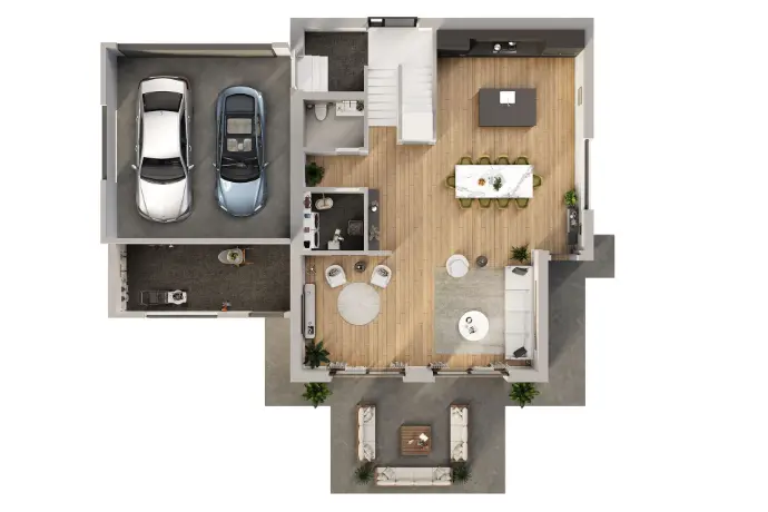 3D Grundrissvisualisierun Haus mit Garage und offenem Wohnbereich 3D Grundrissvisualisierung Einfamilienhaus mit Garage, Wohnbereich und Terrasse