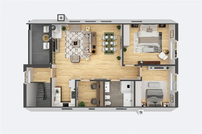Realistischer Wohnungsgrundriss und Raumaufteilung Farbige 3D-Visualisierung eines möblierten Wohnungsgrundrisses mit Holzboden