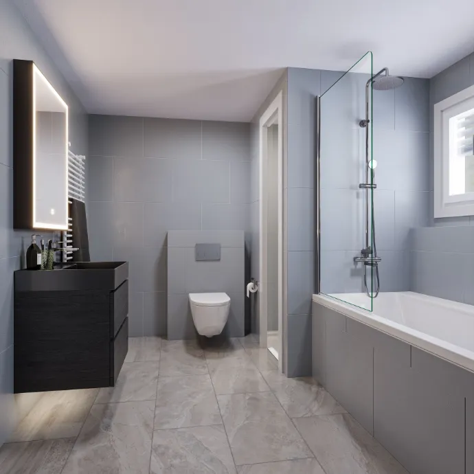 3D Visualisierung Badezimmer mit Badewanne, Dusche und WC 