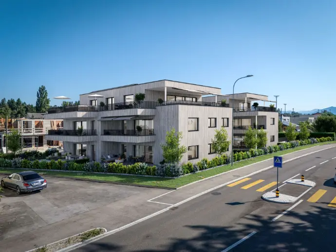 3D Visualisierung modernes Mehrfamilienhaus mit Grünflächen