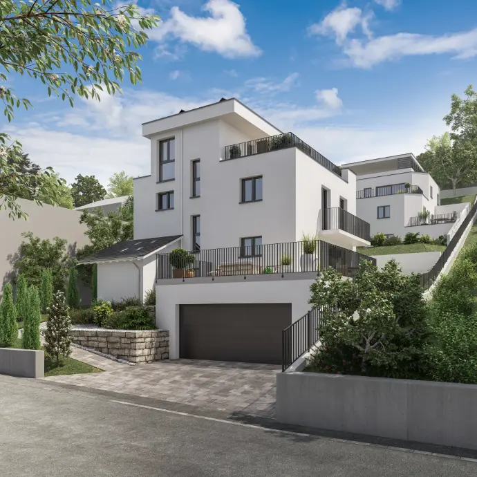 Aussenvisualisierung Wohnhaus mit Garage Aussenvisualisierung eines Wohnhauses mit Einfahrt, Garage und Begrünung