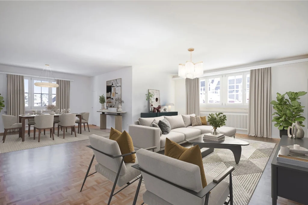 Virtual Staging eines Wohnzimmers mit Essbereich, moderner Möblierung und heller, wohnlicher Atmosphäre