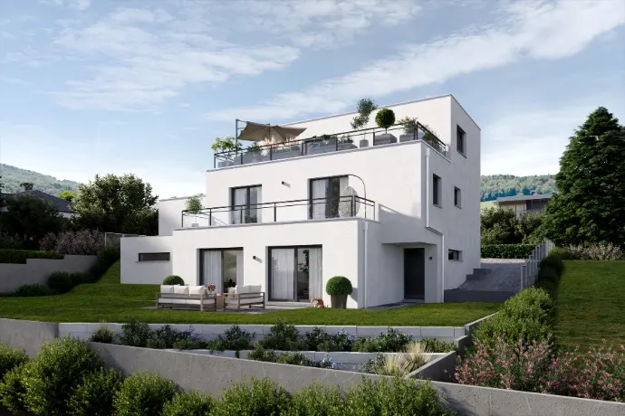Aussenvisualisierung eines weissen Einfamilienhauses mit Garten