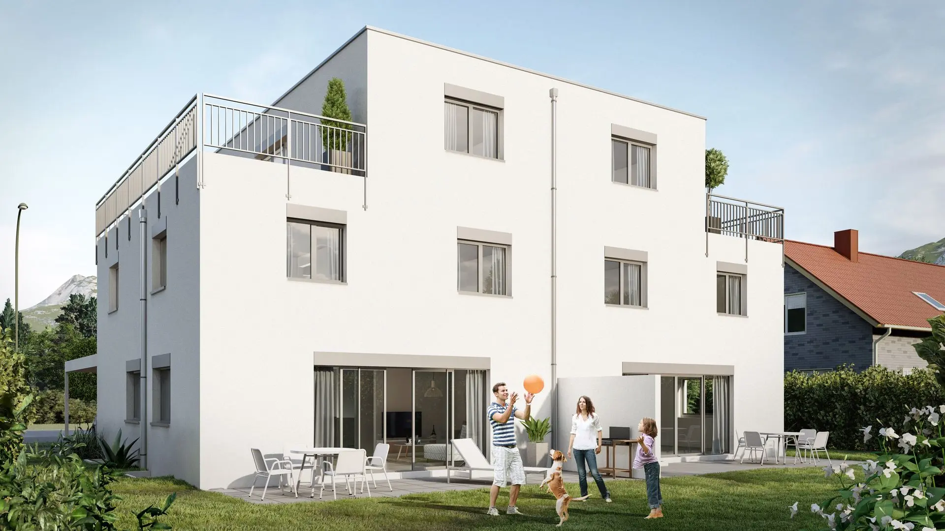 Familienfreundliches Wohnen im Neubau mit Terrasse und Gartenfläche Moderne Neubau-Doppelhaushälfte mit Garten und spielender Familie