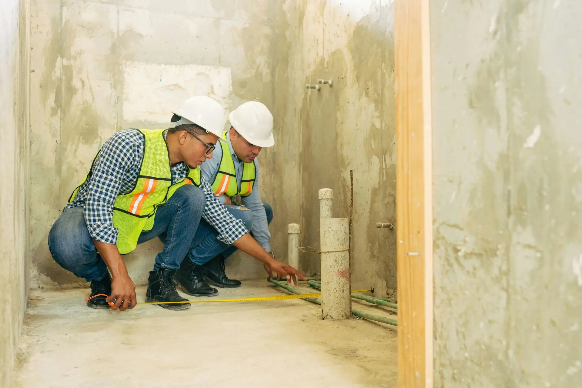 Professionelle Bauumsetzung durch erfahrene Handwerker vor Ort Handwerker bei Bauarbeiten im Rohbau mit Schutzhelmen