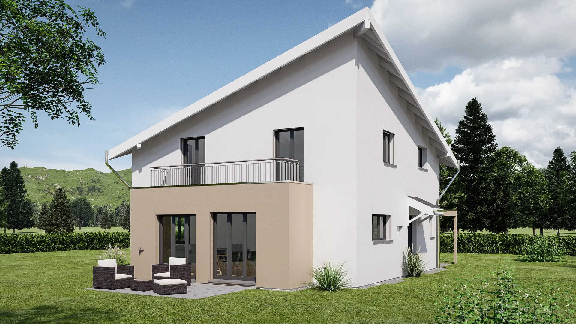 Weisses Wohnhaus mit ausgefallener Dachform und gepflegter Grünfläche
