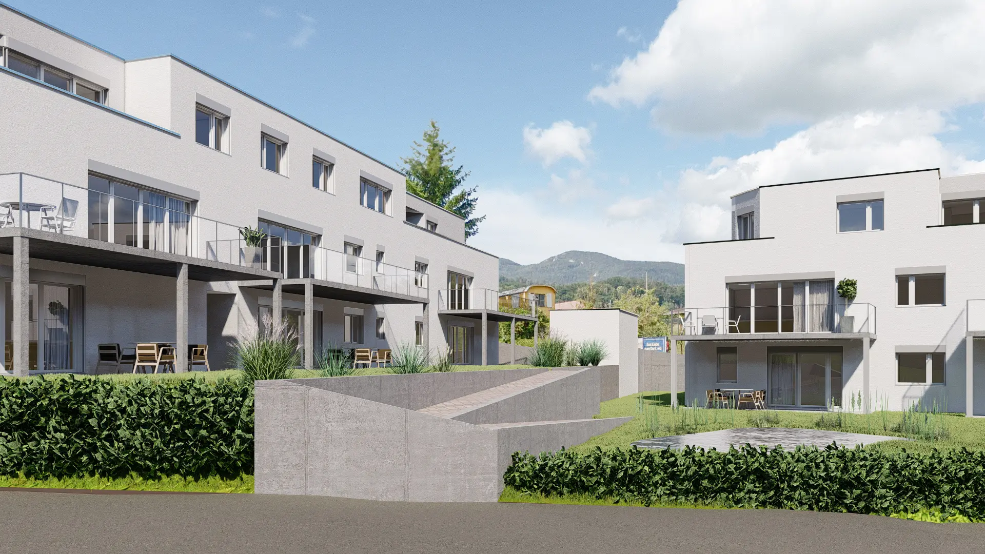 Visualisierung von zwei Stadtvillen mit Vorgärten