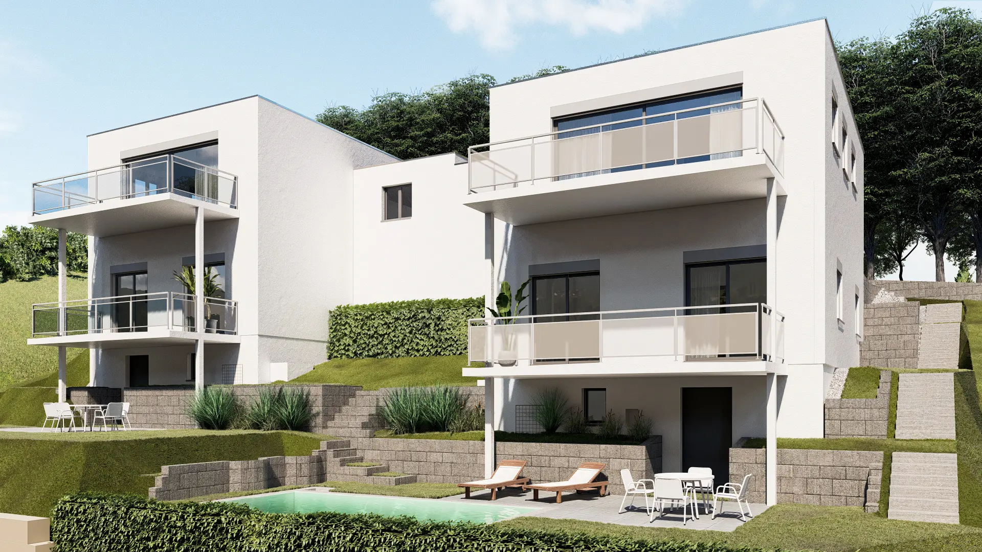 Mehrfamilienhaus mit grosszügigen Balkonen, Pool und Garten in moderner Architektur