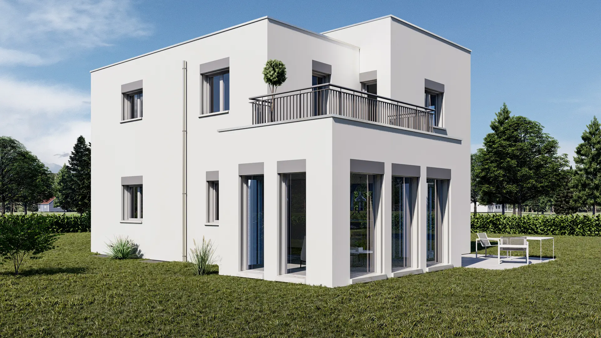 Minimalistisches, weisses Einfamilienhaus mit Flachdach und bodentiefen Fenstern auf einer Wiese