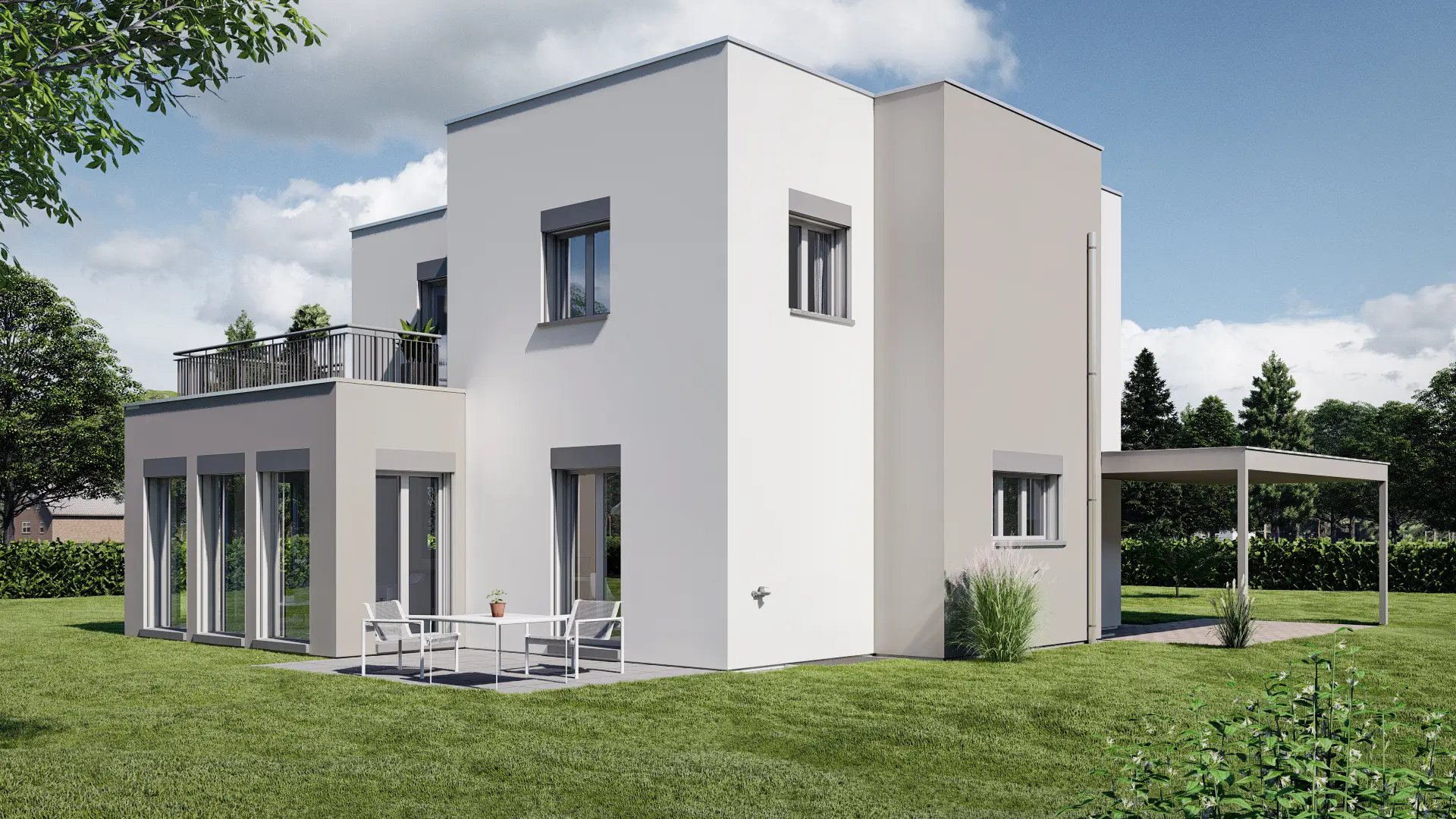 Modernes Einfamilienhaus mit flacher Dachneigung, Gartenmöblierung und Landschaftsblick