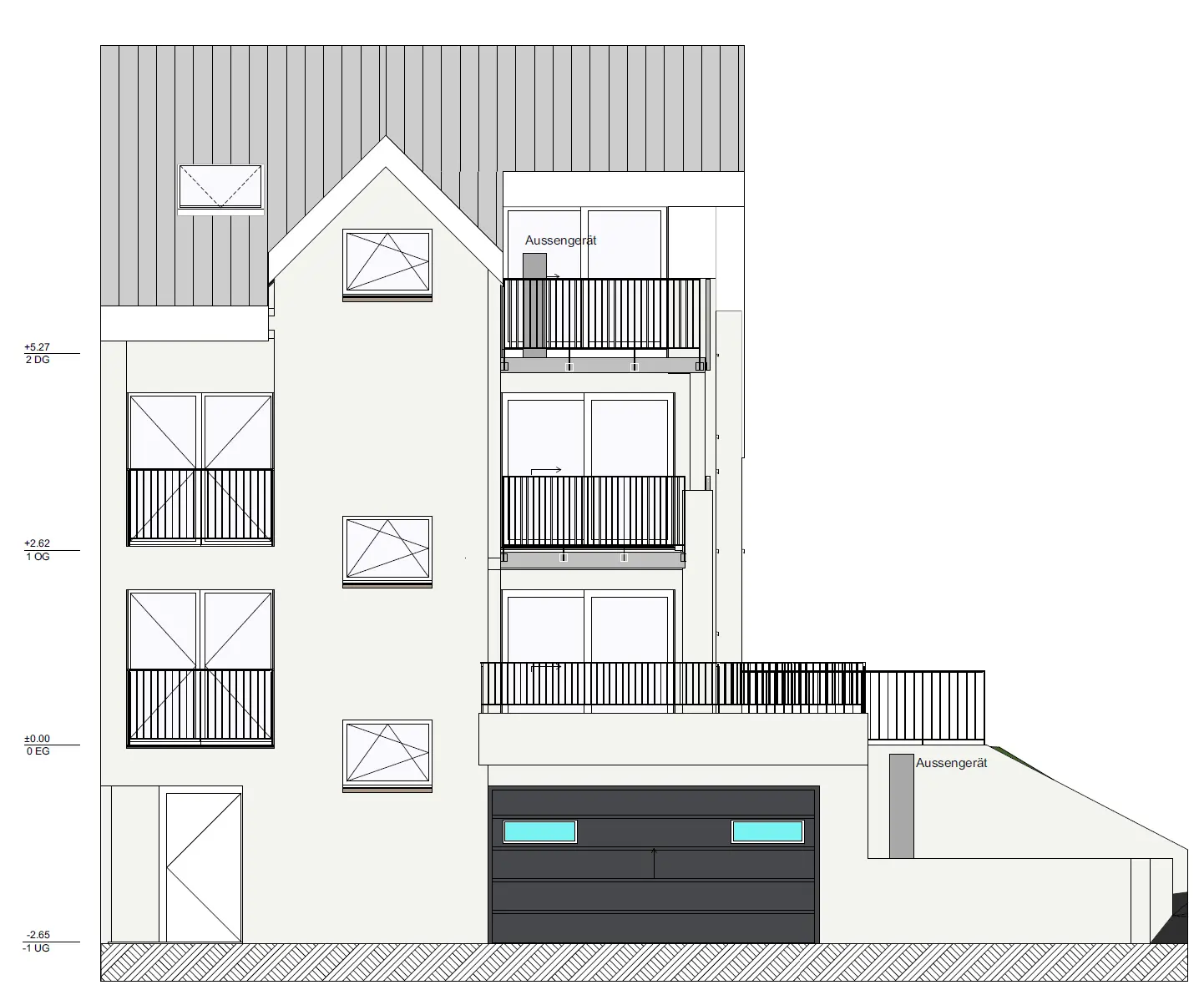  "Architektenansicht eines mehrgeschossigen Wohnhauses mit Tiefgarage und Balkonen