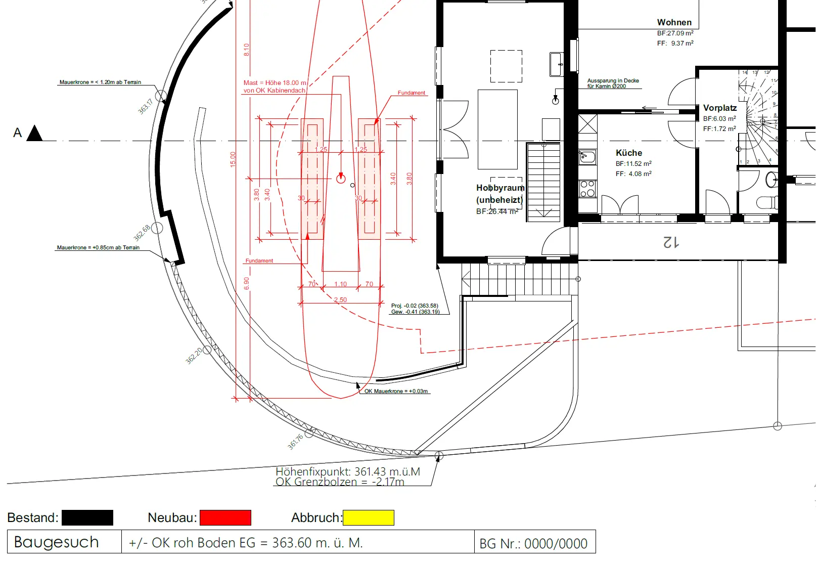 Bauplan mit markierten Bereichen für Neubau, Bestand und Abbruch