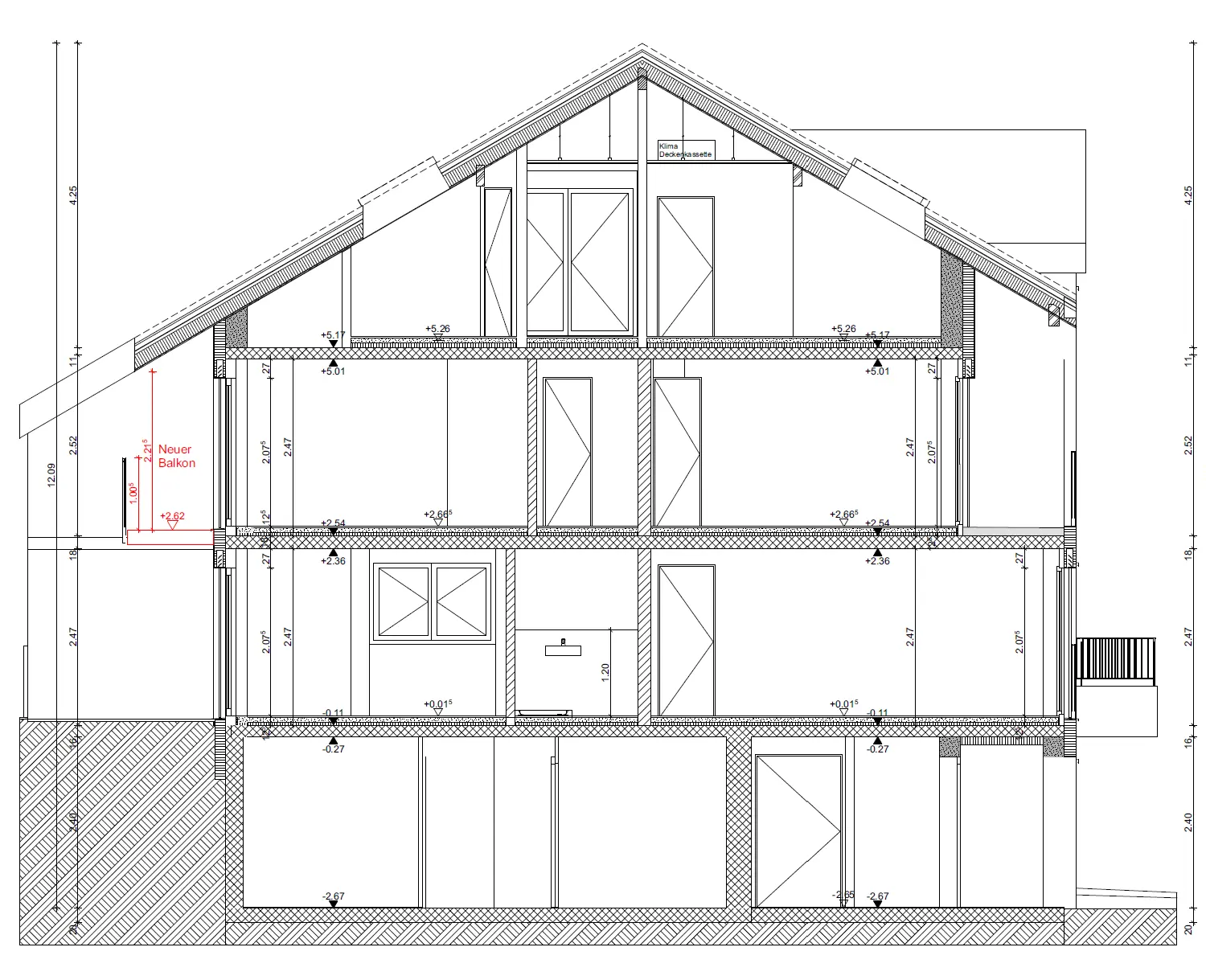 Schnittzeichnung eines Hauses mit Dach- und Wandaufbau