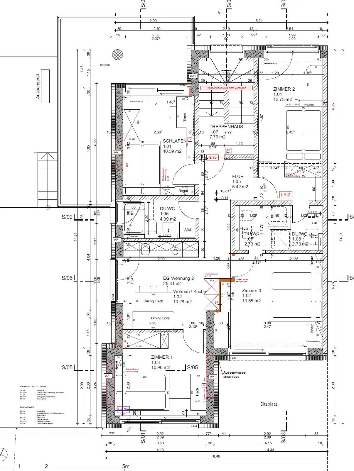 Architekturplan eines Mehrfamilienhauses mit Raumaufteilung