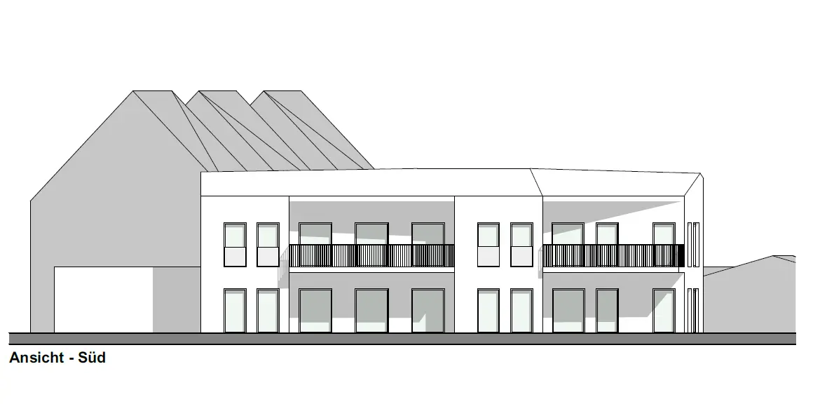 Architektonische Südansicht eines Mehrfamilienhauses mit Balkonen
