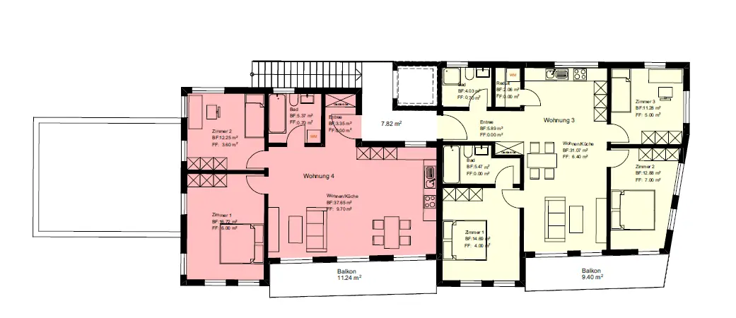 Farbiger Wohnungsgrundriss mit Aufteilung in Zimmer