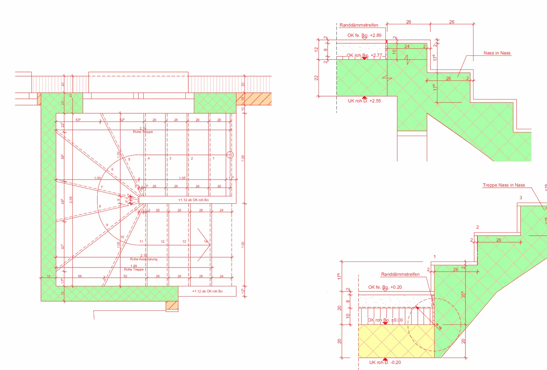 Technische Zeichnung einer Betontreppe mit Grundriss und Schnittdarstellung