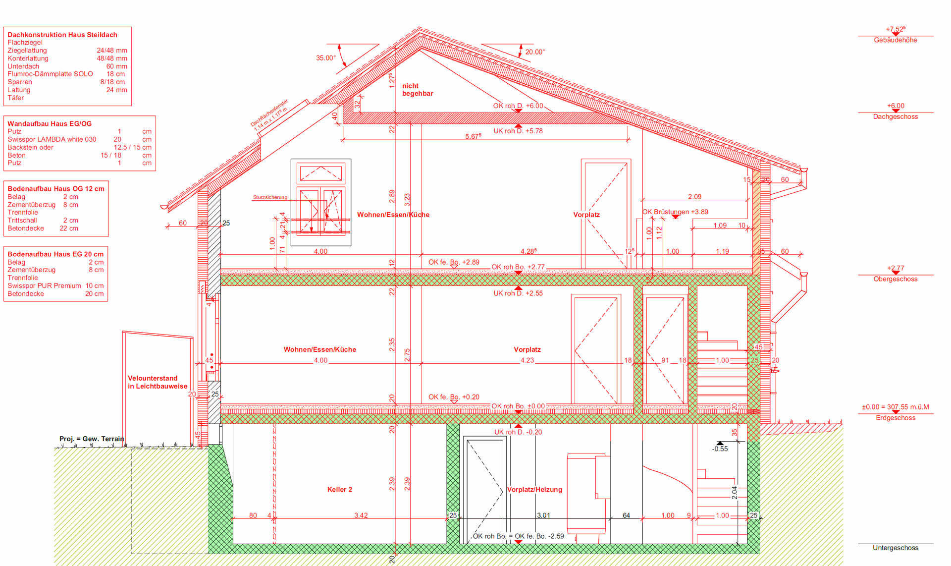 Seitenansicht eines Hauses mit Fenstern und Dachform