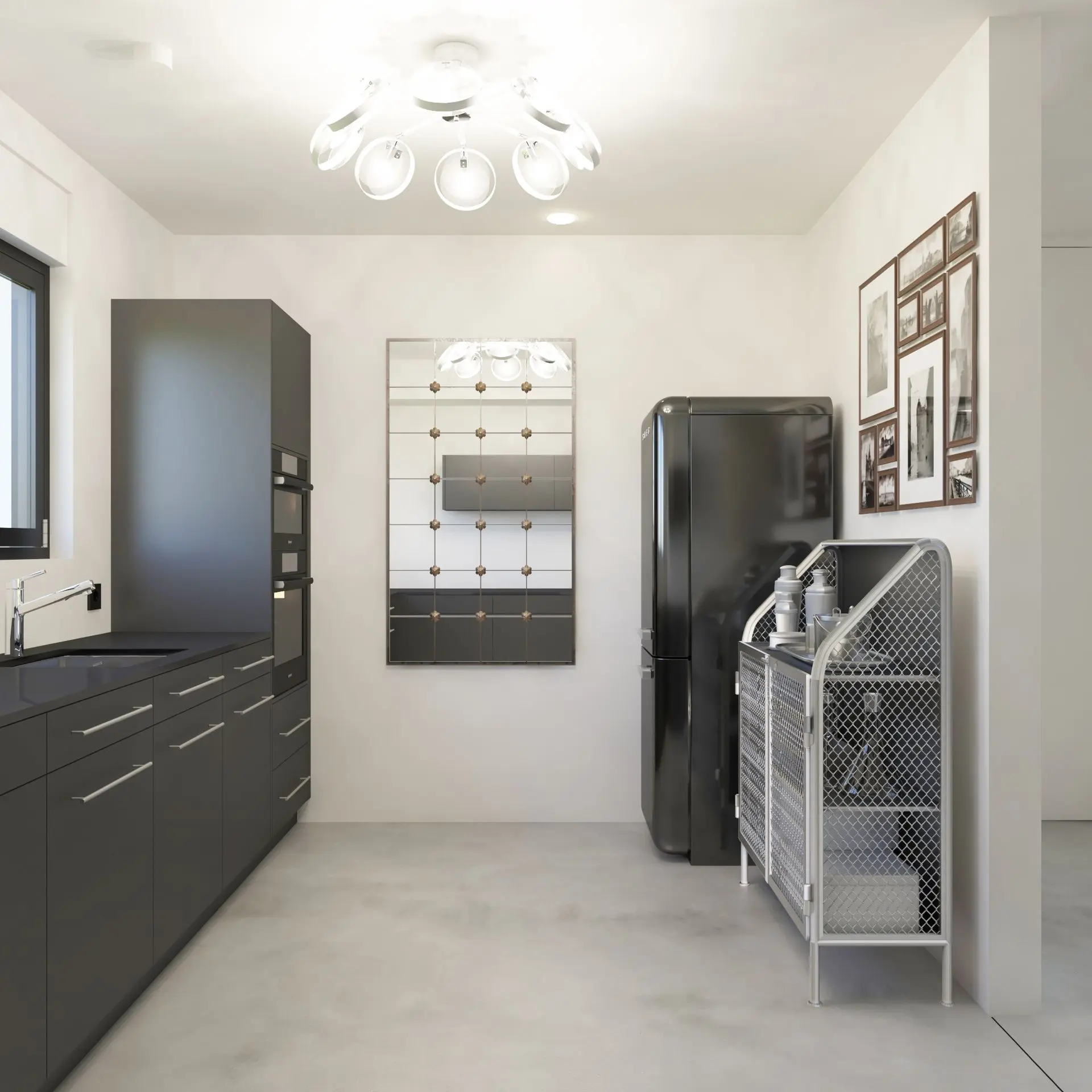Hauswirtschaftsraum mit Waschmaschine, Trockner und Stauraum