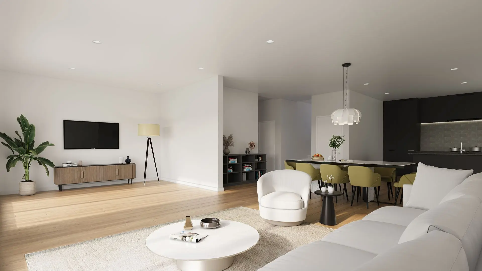 Wohnzimmer mit Sofa, Couchtisch und Fernseher