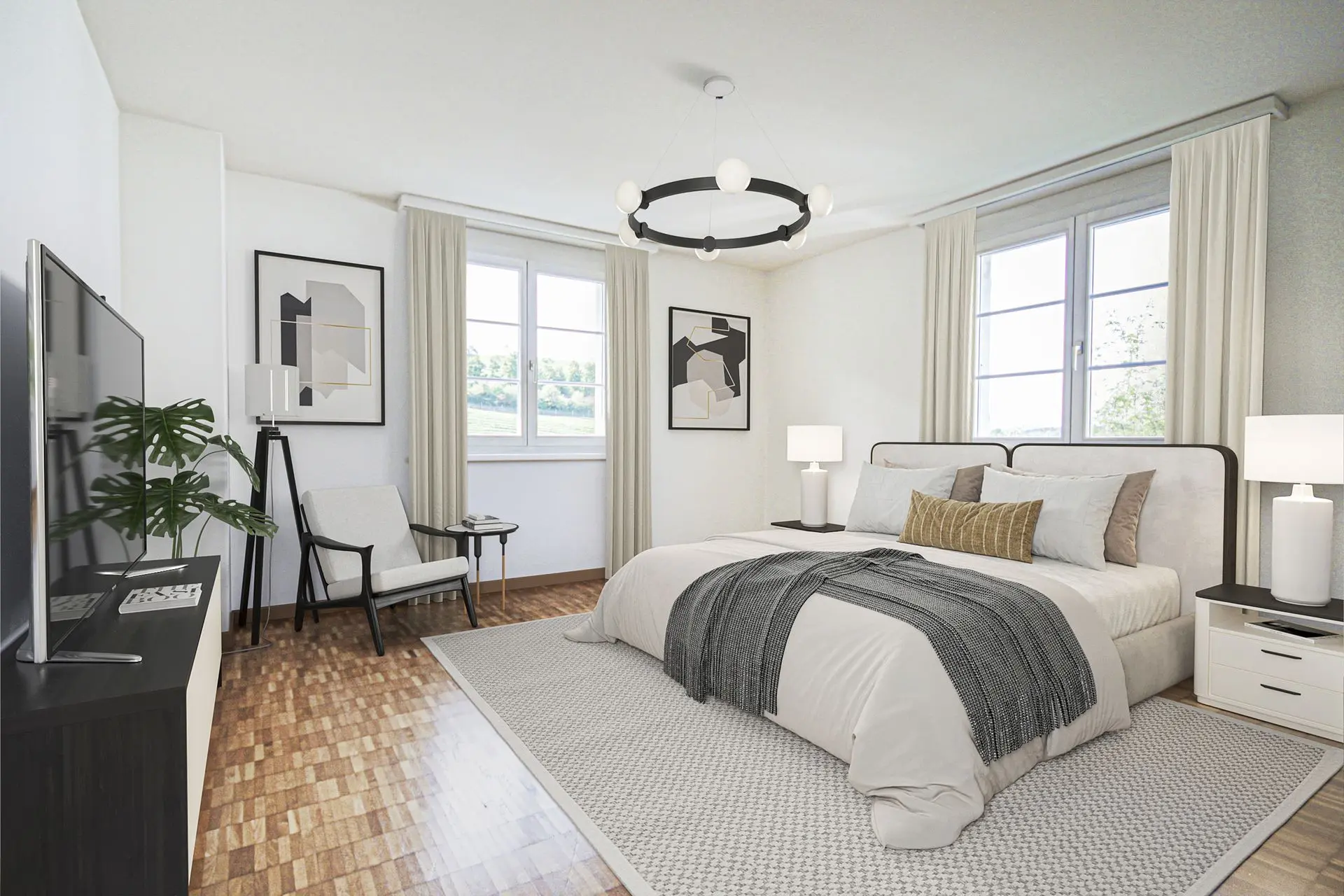 Schlafzimmer mit zwei Fenstern und elegantem Interieur
