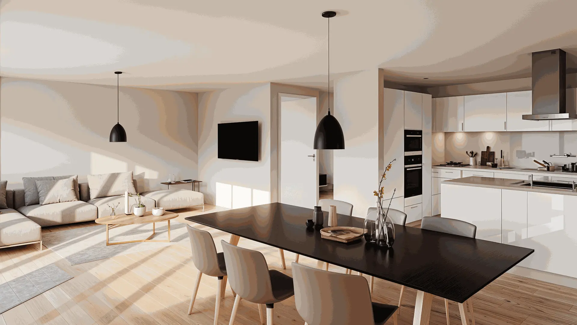 Modernes, offenes Wohn- und Esszimmer mit Küche, weissem Schrankdesign, dunklem Holztisch, sechs Stühlen und heller Sofaecke.
