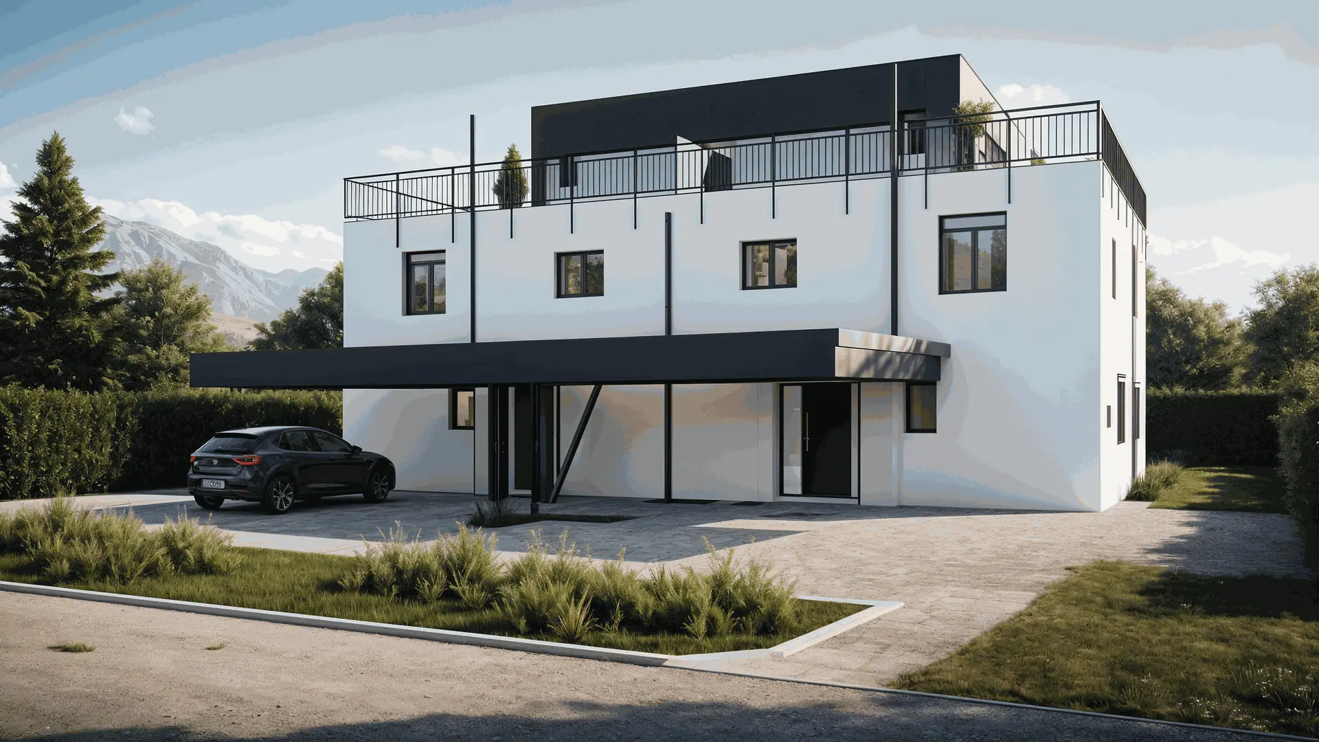 Aussenvisualisierung eines Einfamilienhauses mit Satteldach und grosszügigen Fensterflächen.