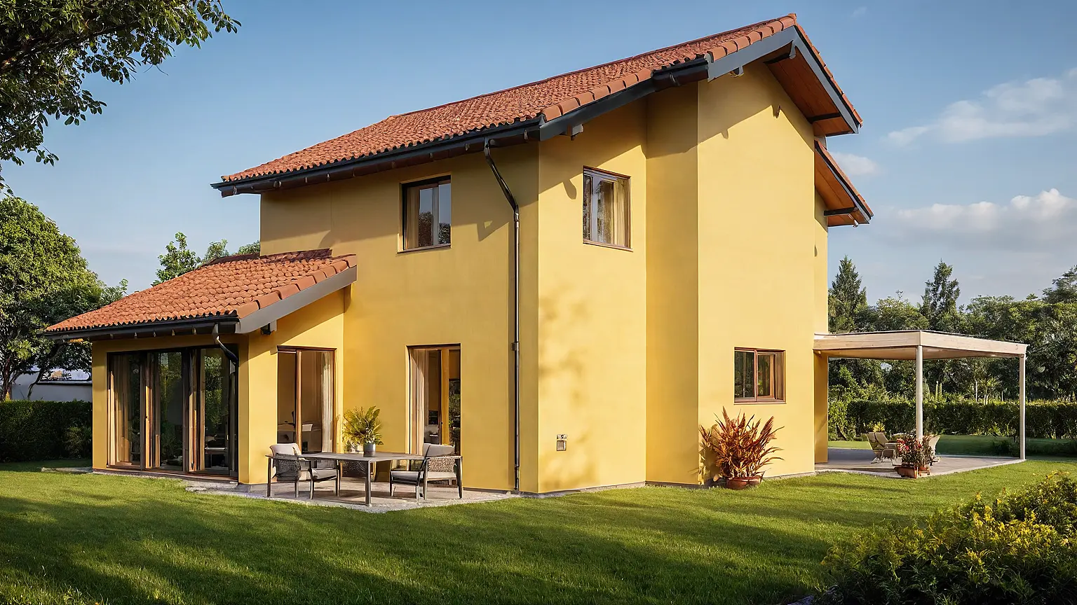 Aussenvisualisierung eines Einfamilienhauses mit rotem Dach und grüner Umgebung.