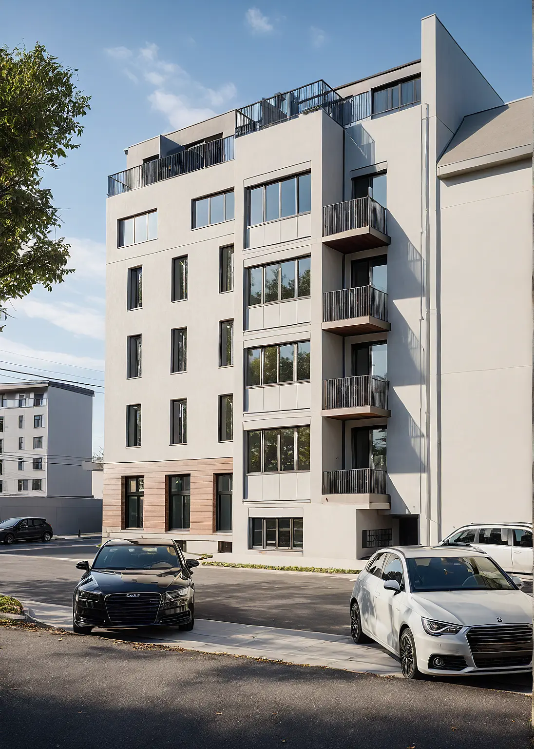 Fotorealistische Aussenvisualisierung eines modernen Mehrfamilienhauses mit Balkonen und grossen Fensterfronten.