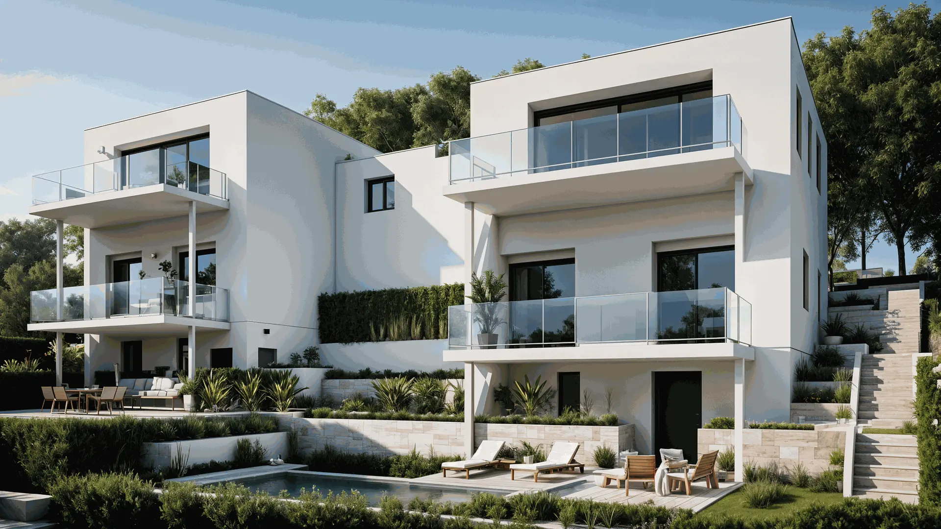 Rendering von zwei modernen Einfamilienhäusern mit grossen Glasfronten und Terrassen.