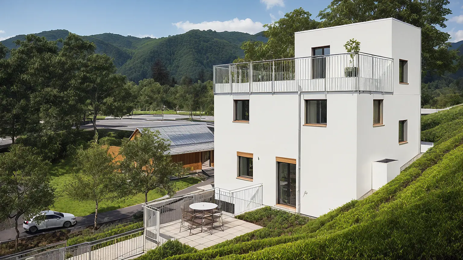 Rendering eines luxuriösen Einfamilienhauses mit Pool und grosszügiger Terrasse.