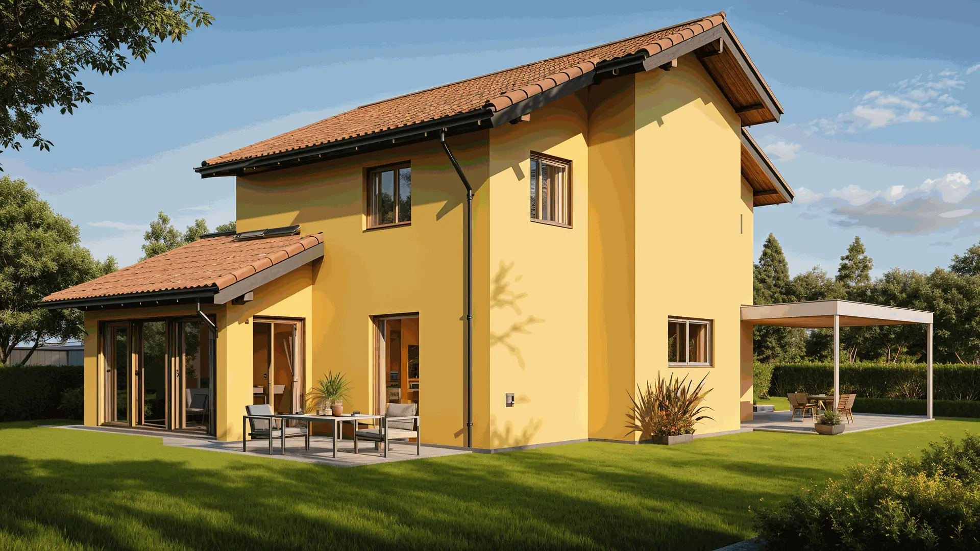Aussenvisualisierung eines Einfamilienhauses mit gelber Fassade, Satteldach und Gartenbereich.