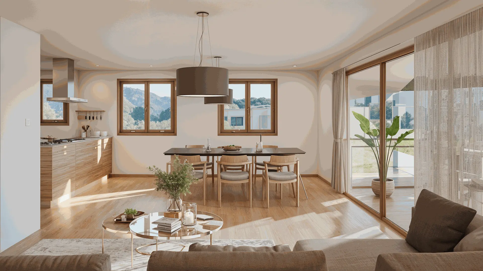 Modernes, offenes Wohn- und Esszimmer mit grossen Fenstern und Schiebetüren, Holzboden, Esstisch, Küche mit Einbaugeräten und gemütlicher Sitzecke mit Sofas.