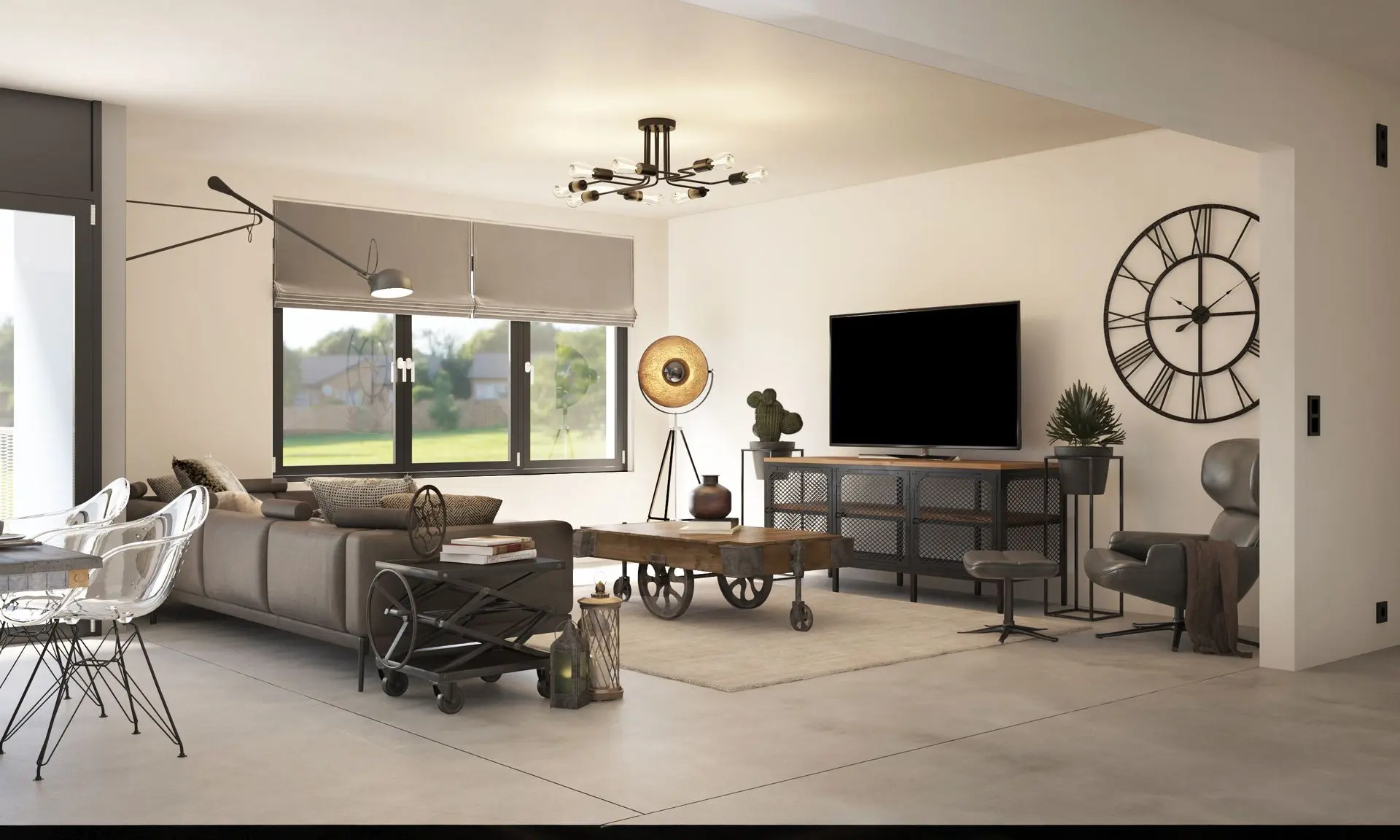 Modernes Wohnzimmer mit grauem Ecksofa, Couchtisch auf Rollen, grossem Fenster, TV-Möbel im Industriestil und Essbereich mit Tisch und Stühlen.